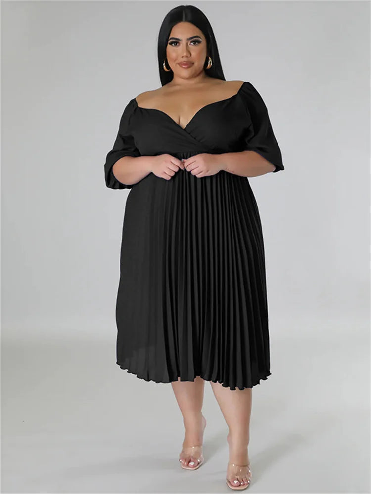 Maxy Plus Size Women Clothing Dresses for Women New In Summer Solid V Neck Maxy Dress Fashion Pleated dtress