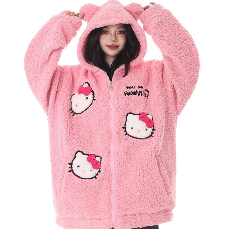 Maxy Hello Kitty Zip Hoodie Girl Loose Cardigan Coat Streetwear Women Clothes Oversized Sweatshirt Cardigan Plush Jacket Sweater