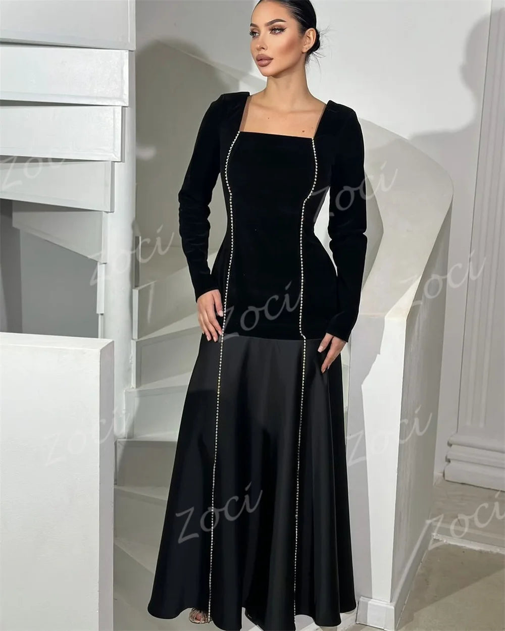 Maxy Square Neck Black Prom Dresses A Line Satin Beading Long Sleeve Evening Gown Saudi Customized Formal Party Occasion Dress