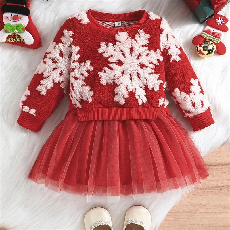 Suefunskry Baby Girl Christmas Party Dress, Long Sleeve Round Neck Fuzzy Christmas Snowflake Sweatshirt Tulle Patchwork Dress