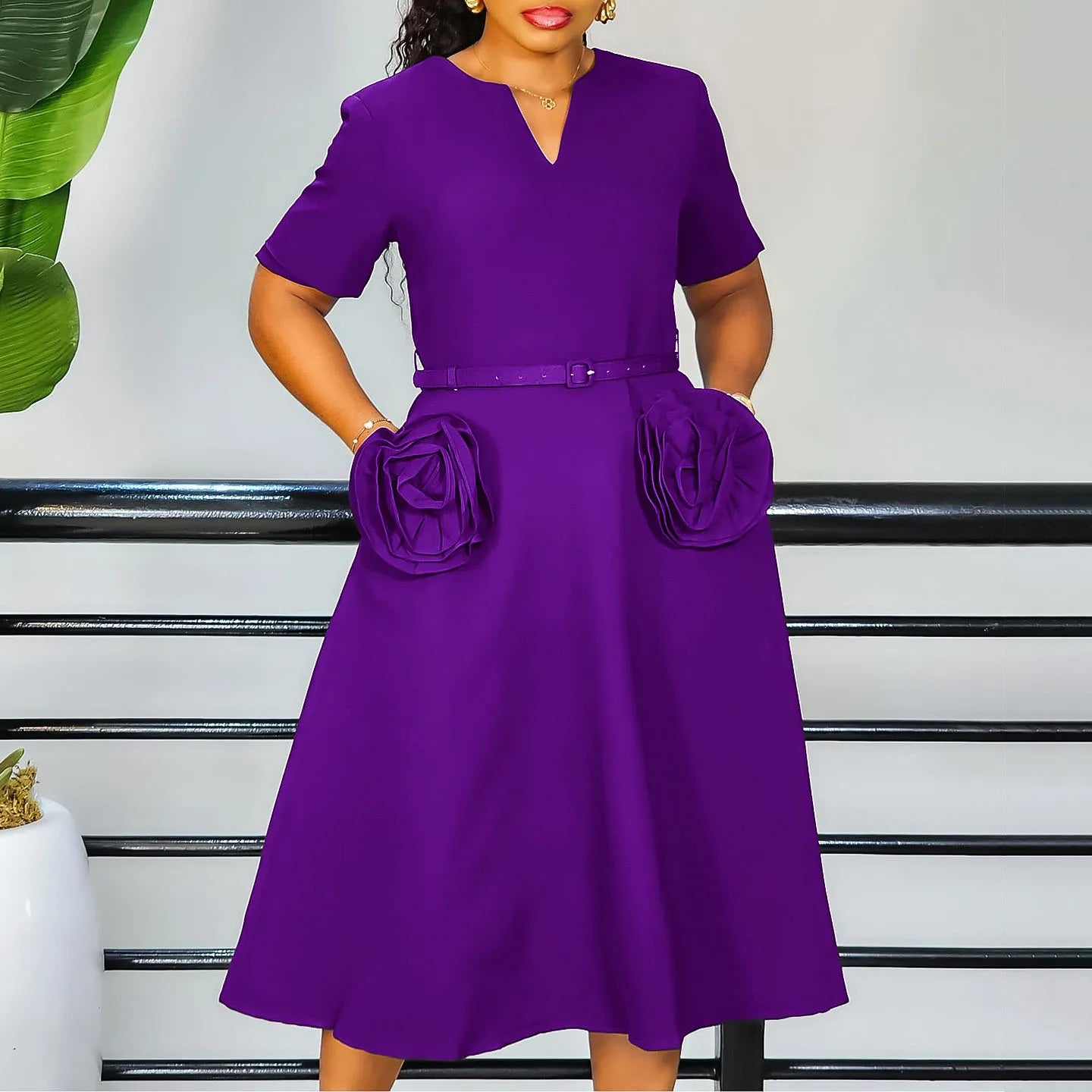 Maxy Elegant Dresses Woman Luxury V Neck Short Sleeve Solid A Line Mid Calf African Wedding Party Birthday Wear Dress Midi Robes