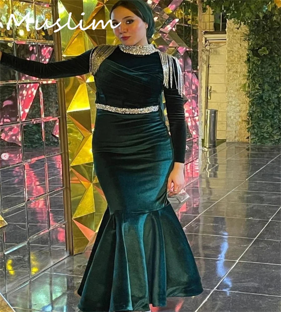 Maxy Exquisite Green Turkey Evening Dress Crystal Tassel Mermaid Midi Prom Dress Velvet Birthday Gown Fiesta Customized