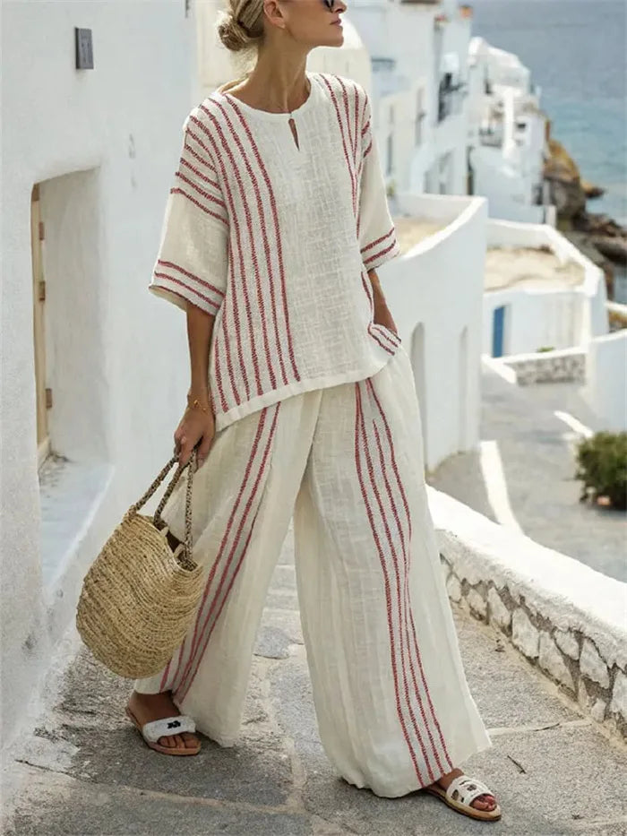 Maxy Breathable Casual Set Striped Cotton Print Tee Set Comfortable Lightweight Wide leg Pants Set Summer Two Piece Relaxed Outfit