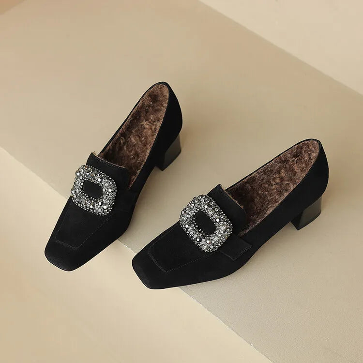 Maxy New Autumn Sheep Suede Loafers French Square Toe Chunky Heels Winter Plush Women Pumps Shoes for Women Zaptos De Mujer