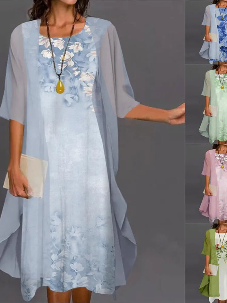 Maxy Summer Elegant Dress Two-piece Set Women Fashion Floral Print Dress For Women Casual Long Cardigan Coat Sun Protection Shirt