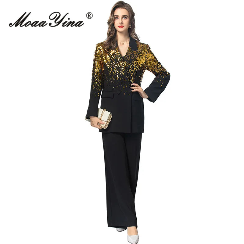 Maxy Autumn/Winter luxury Suit Women's Notched Long-sleeve Sequins Design Tops+Black Wide leg pants 2 piece set