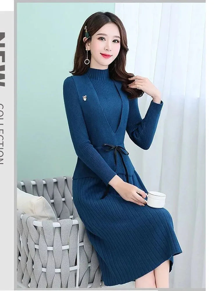 Maxy New Fashion Autumn Winter Women Long Sweater Dress Pullovers Warm Knitted Pullover Dresses + Sweaters Vest Two Pieces Set