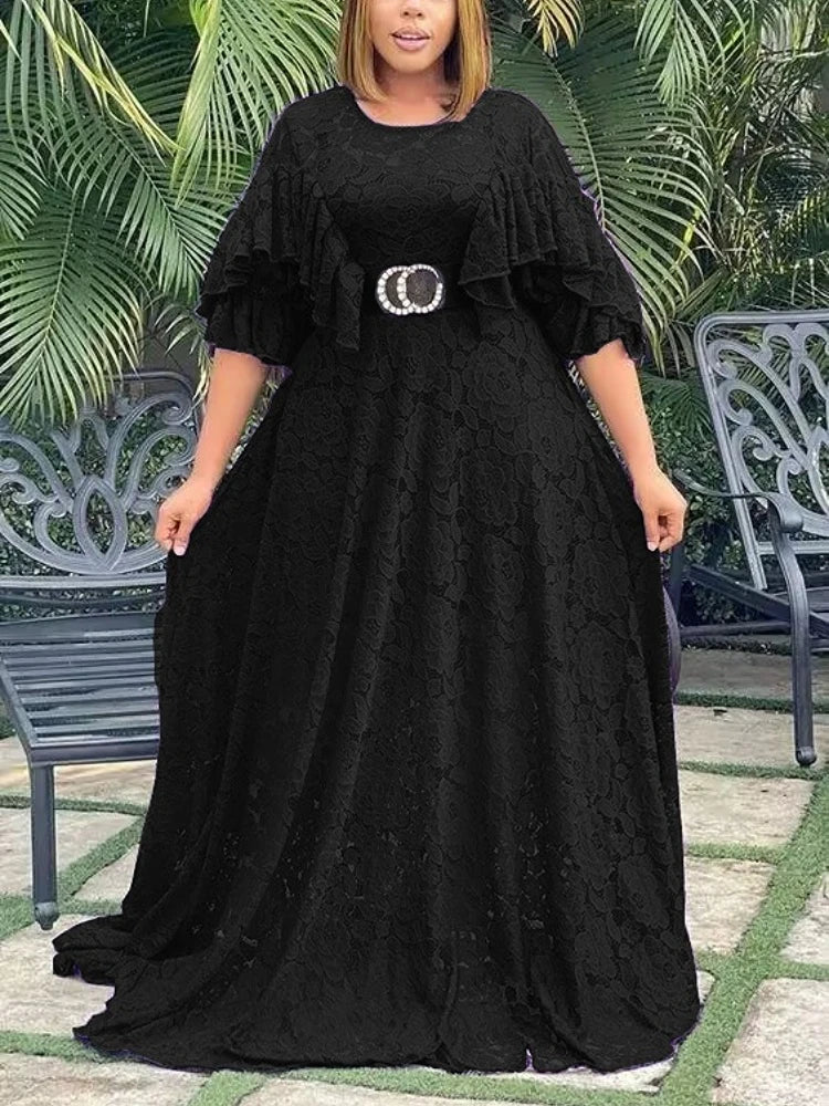 Amay Women's Long Lace Dresses Elegant Flare Sleeves A Line Big Swing Dress Classy Female Party Birthday Clothes White Black Purple