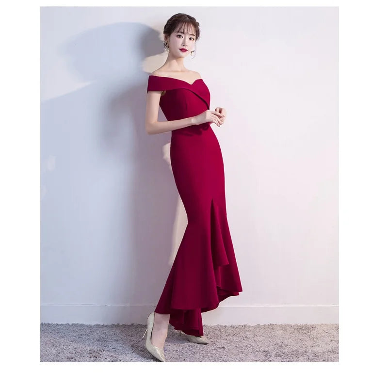 Maxy Evening Dresses Burgundy Sequins Stretchy Off the Shoulder Zipper Back Mermaid Trumpet Floor Knee Women Party Formal Gowns YE288