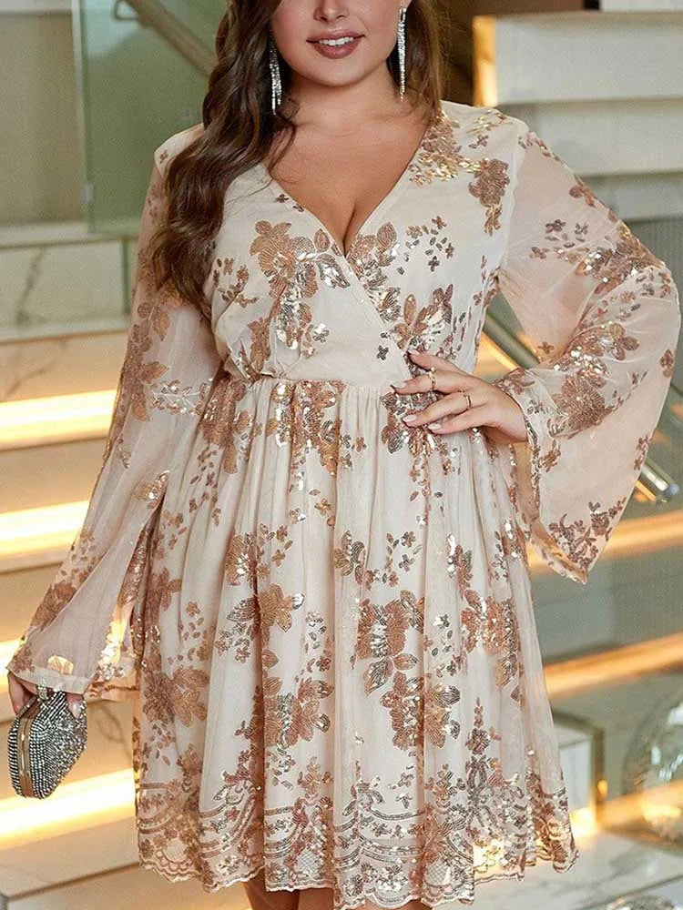 Maxy Women Classy Elegant Evening Dress with Transparent Mesh Sleeves Plus Size Ladies Short Evening Dresses Sexy Date Night Dress