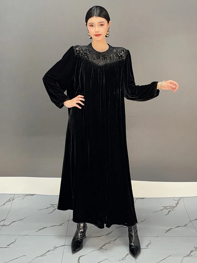 Maxy SHENGPALAE Velvet Print Long Dresses Women Round Collar Full Sleeve A Line Solid Color Wedding Party New Dress 5C1681