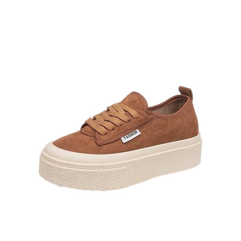 Maxy Soft Suede Leather Casual Shoes Women Sneakers Clogs Platform All-Match Spring Round Toe Cross-tied Frosted Flats Shoes Women