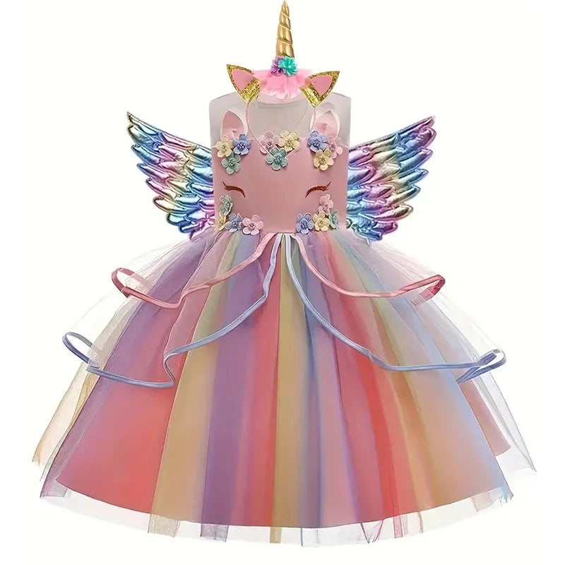 Maxy Children's Unicorn Princess Dress For Birthday Girls Party Dresses Elegant Rainbow Evening Dress Festive Performance Costume