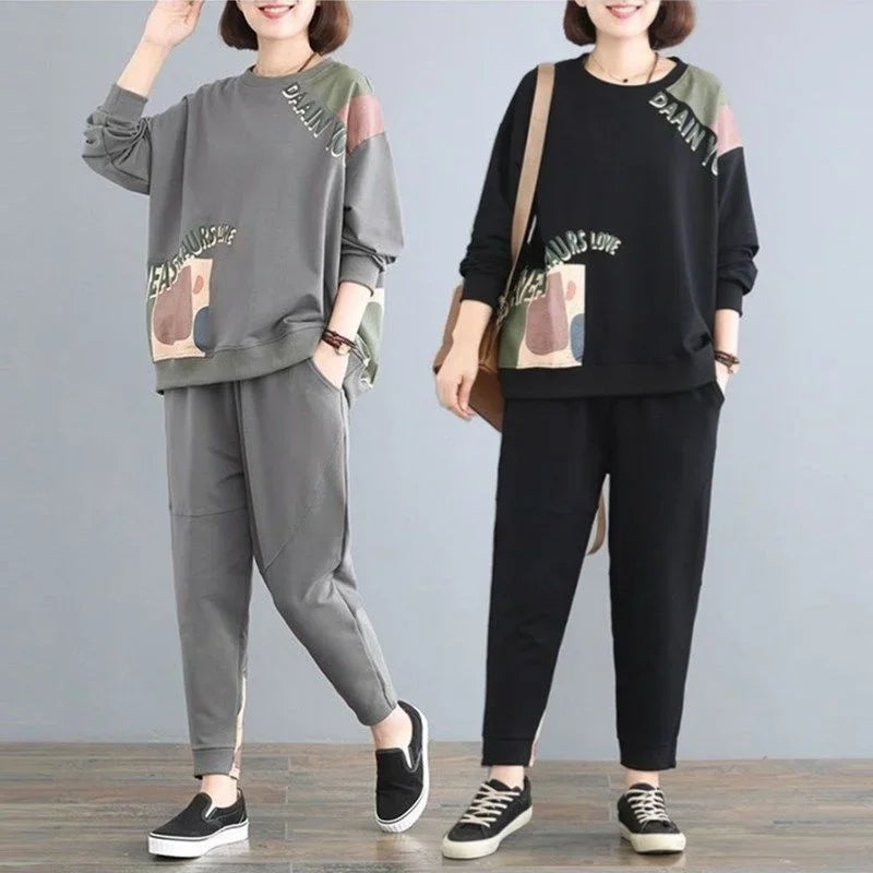 Amay Women's Leisure Sports Suit Summer New Korean Fashion Printing Loose Crop Tops Pants 2 Two Piece Sets for Women Tracksuit