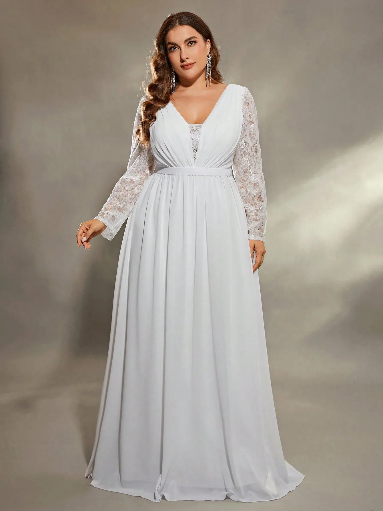 Maxy Mgiacy plus size  Deep V shoulder lace long sleeve chest pleated chiffon wedding dress A full skirt Evening gown Ball dress