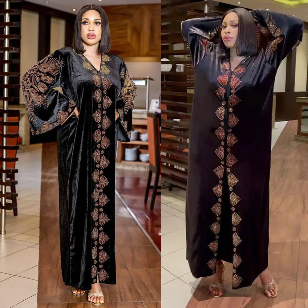 Nigeria Diamonds Velvet African Dresses For Women Evening Party Gown African Dashiki Moroccan Kaftan Abaya Afircan Clothing Gown
