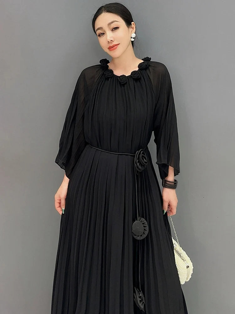 Babs Summer New Dress For Women Flower Bract Neck Flower Bract Sleeve Lace Fold Female Big Swing Black Dresses 5C1280