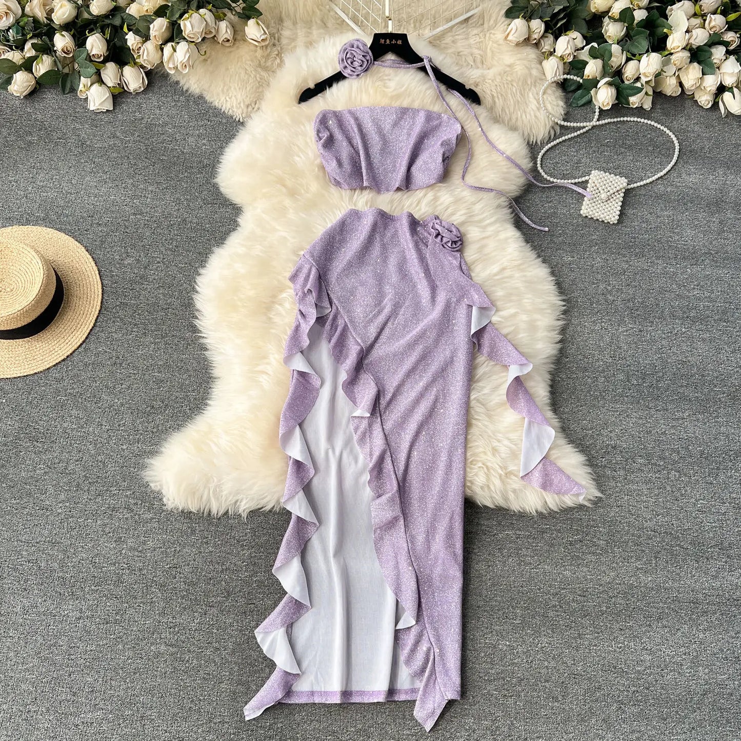 Maxy Sexy Shinny Beach Style Women Two Pieces Set Hot Strapless Crop Top and High Elastic Waist Ruffles Tassels Irregular Skirt Suits