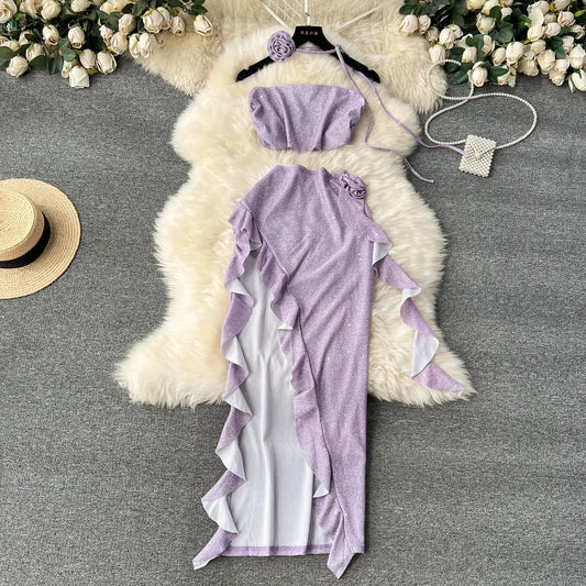 Maxy Sexy Shinny Beach Style Women Two Pieces Set Hot Strapless Crop Top and High Elastic Waist Ruffles Tassels Irregular Skirt Suits