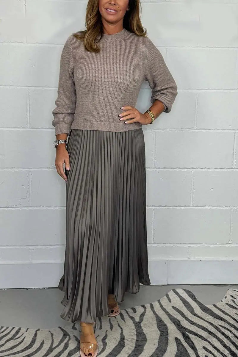 Maxy Women's solid color Long Sleeve Jumper Pleated Bottom Dress S-3XL Elegant and stylish pleat dresses with round neck for women