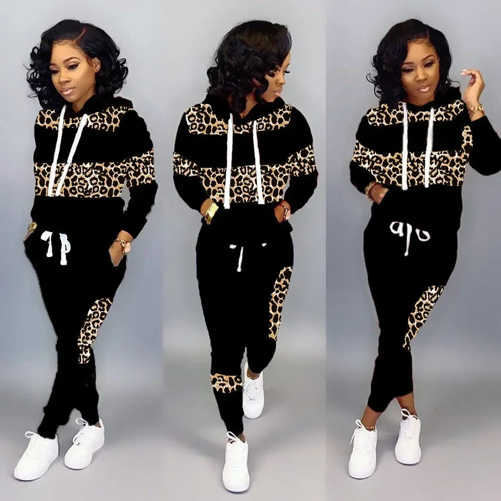 Maxy Long-sleeved Leopard Print & Trousers Hooded Sweatshirt Hoodie High Waist Pants 2pcs Women's Clothing