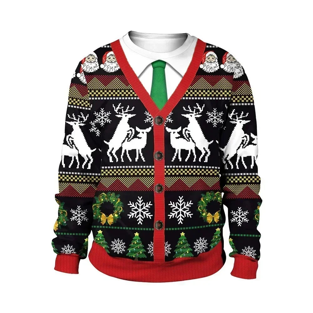 Christmas Pullovers Sweaters for Men Christmas Reindeer 3D Printed O-Neck Sweater Top Couple Clothing Holiday Party Sweatshirts