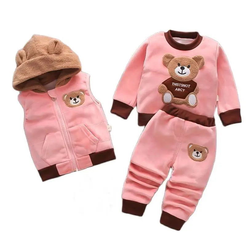 Maxy 2024 New Baby Boys Girls Christmas Cartoon Winter Hooded Plush Warm Vest Coat+Sweatshirt+Pants 3Pcs Infant Children Sports Suit