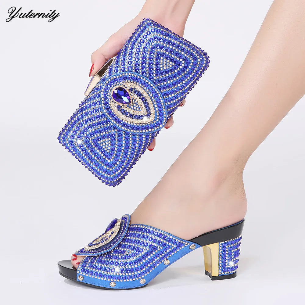 Maxy Style Woman Blue Color Rhinestone Shoes And Bag Set for Party African Fashion High Heels Woman Shoes and Bag Set