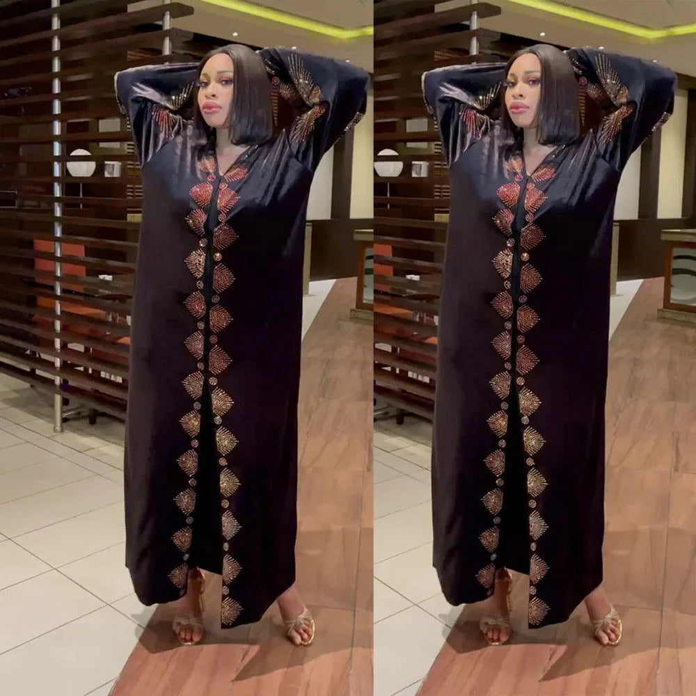 Nigeria Diamonds Velvet African Dresses For Women Evening Party Gown African Dashiki Moroccan Kaftan Abaya Afircan Clothing Gown