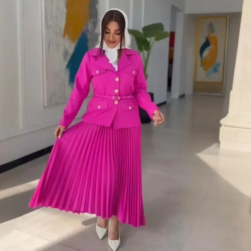 Amay Elegant Women Two Pieces Set Single-breasted Lapel Jacket Coat Belt Pleated Midi Skirt Suit office Lady New In Matching Set