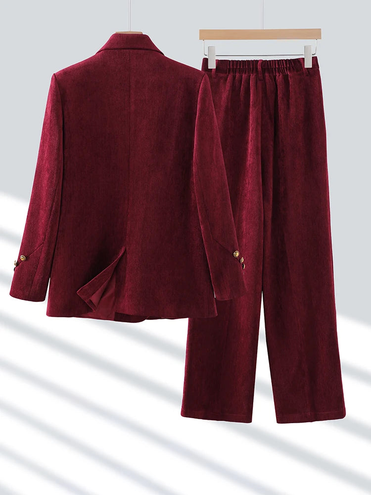 Maxy Fashion Winter Ladies Pant Suit Women Red Black Coffee Female Business Work Wear Jacket Blazer and Trouser Formal 2 Piece Set