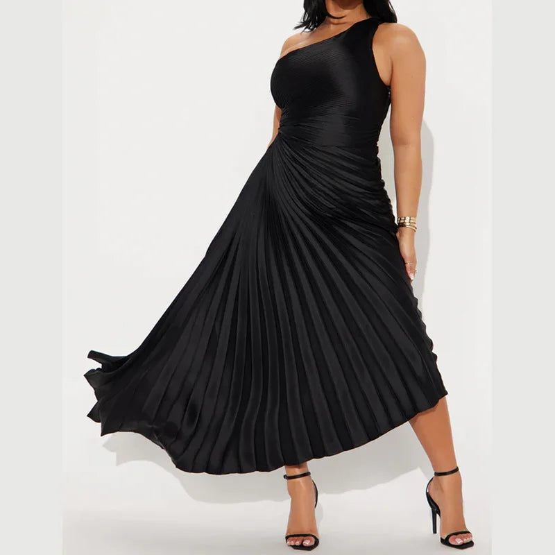 Maxy Spring Evening Banquet Elegant Hip-Hugging Off-One-Shoulder Round Cutout Pleated Women's Fashion Dress