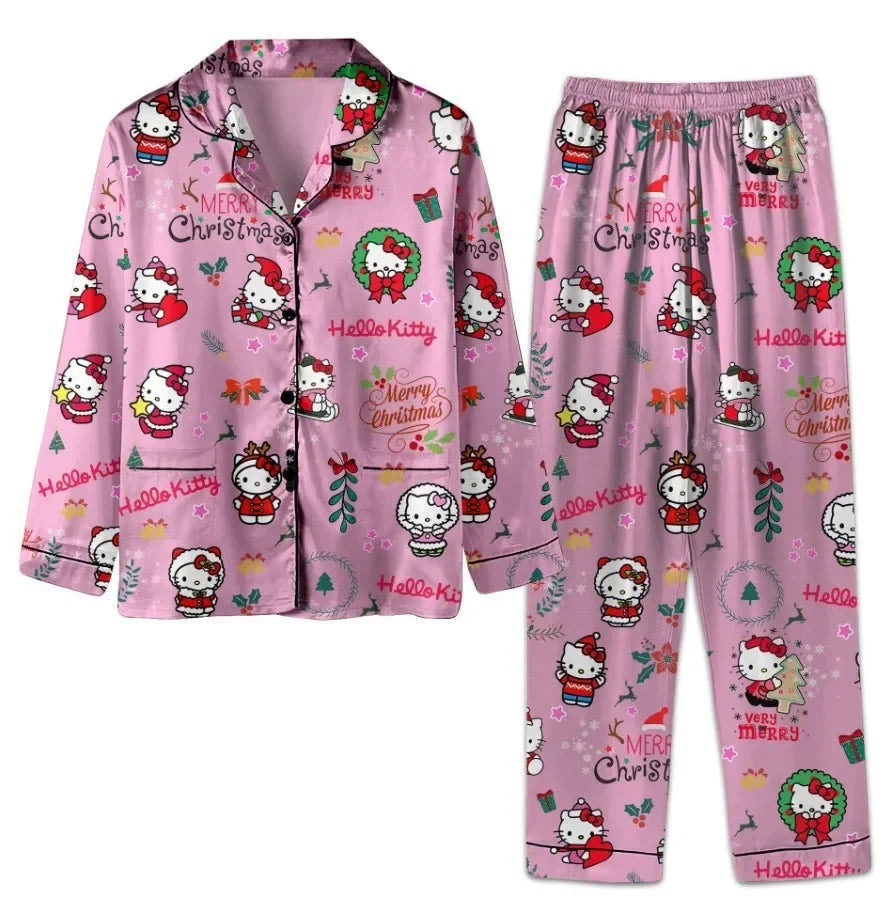 Sanrio Christmas Hello Kitty Casual Pajama Girls Y2k Home Pajamas Set Kawaii Women'S Printed Kt Cat Pants Long Sleeve Gift