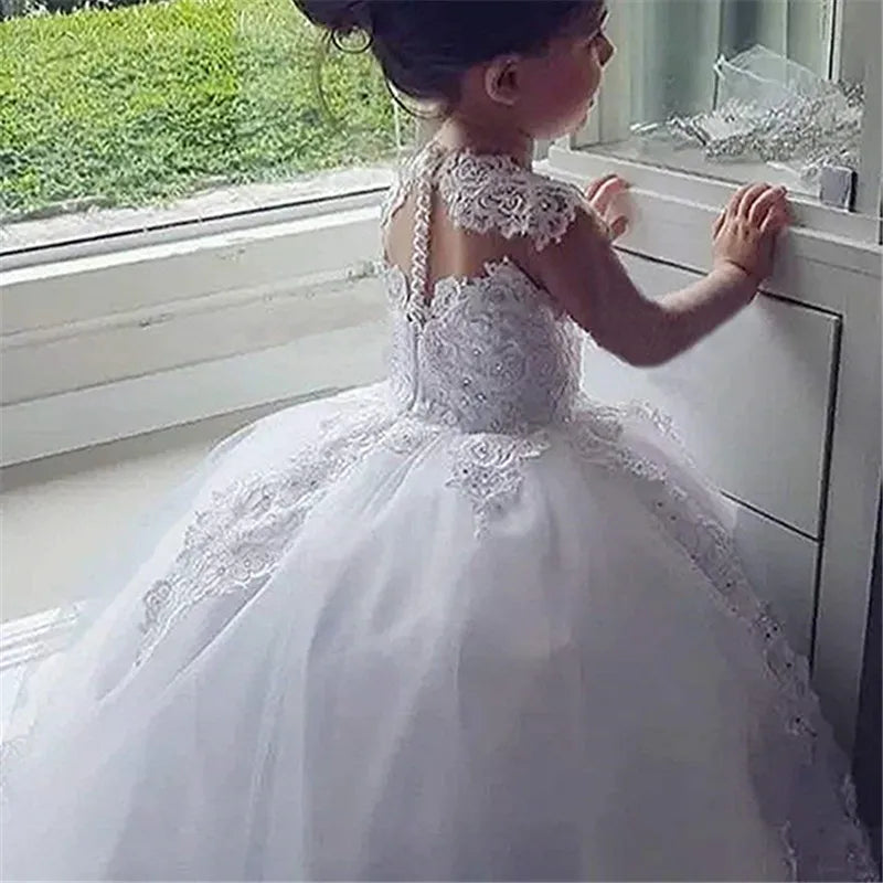 Maxy Princess Sleeveless Ball Gown Princess Flower Girls Dresses Appliques with Beaded Stunning Cute Girls First Communion Dress White