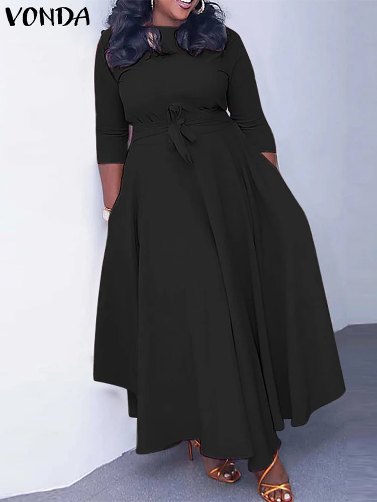 Maxy Plus Size 5XL Women Long Sleeve Elegant Dress Round Neck Solid Color A Line Belt Lace Up Party Evening Robe Femme