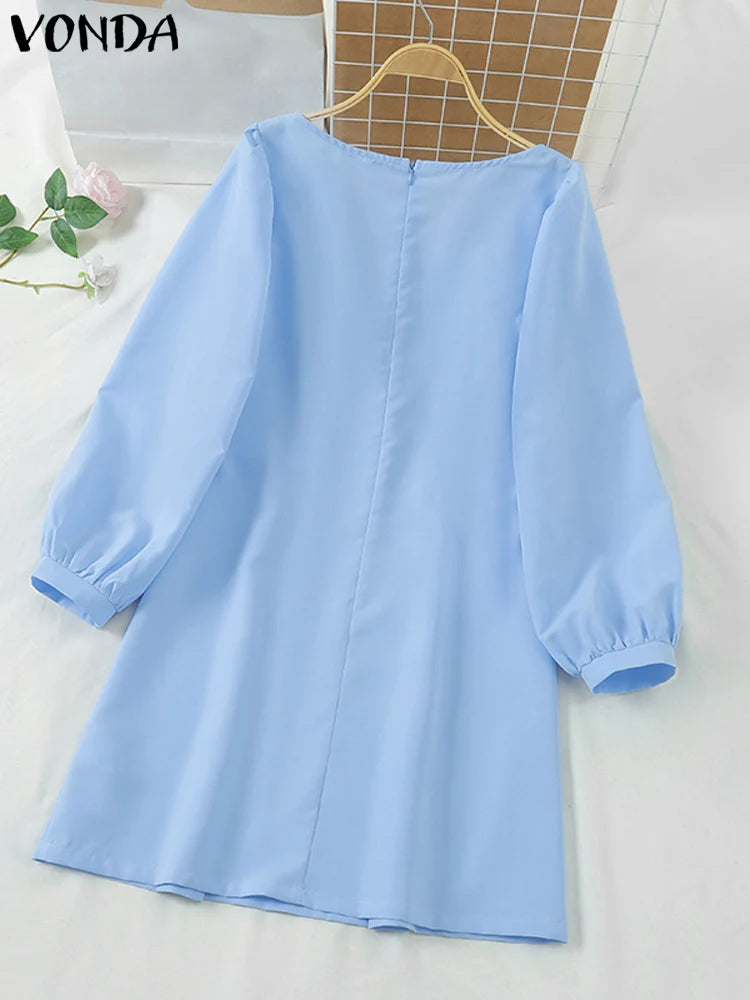 Maxy Casual Solid Color Square Collar Sundress French Style Women Mini Dress Lantern Sleeve Wrap Hip A-Line Robe