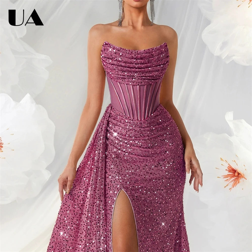 Maxy Women's Sequin Strapless Prom Dress Ruched Bodice High Slit Mermaid Gown Formal Evening Wedding Guest Ball Gown Sparkly Party