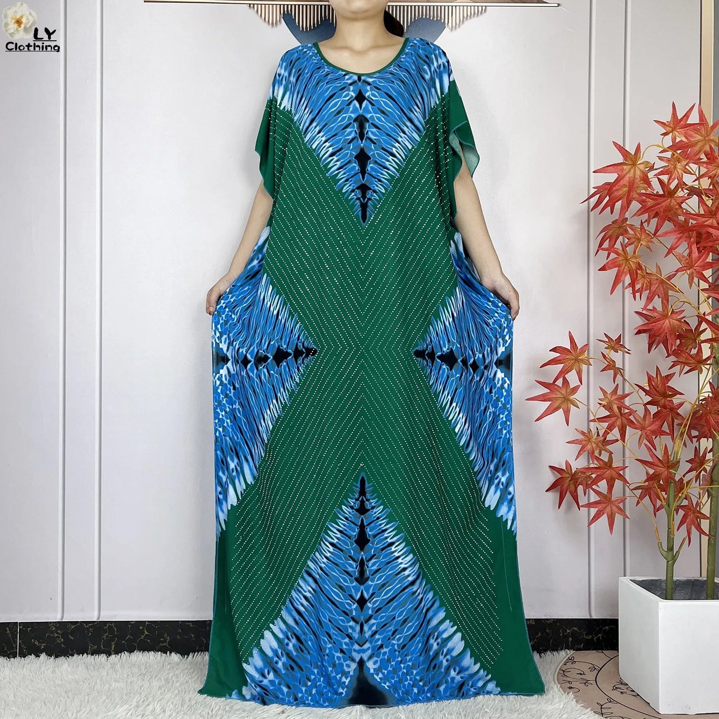 Maxy New Muslim Women Dashiki Printed Dress Flower Diamonds Loose Dress With Big Scarf Islamic African Women Short Sleeve Abaya
