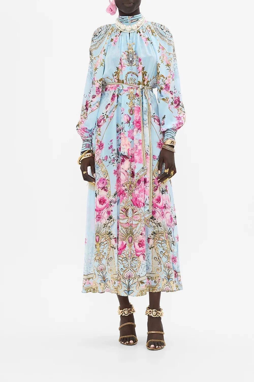 Amay Robe for Women New Spring Summer 100% Silk Hollow Out Flower Printed Stand Collar Waist Lace-up Casual Long Dress