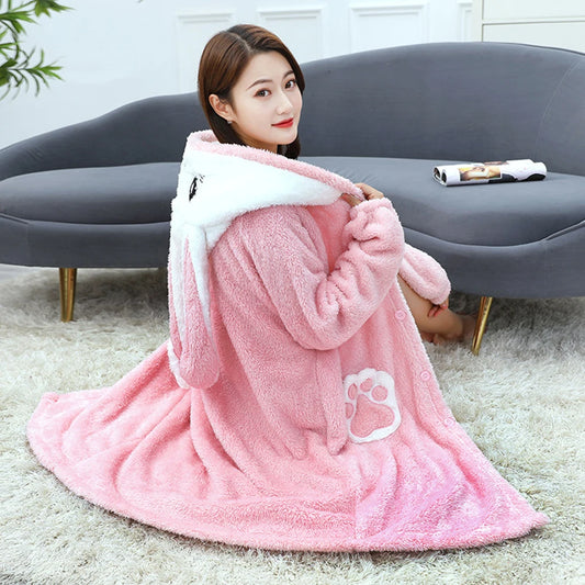 Babs Cute Pink Rabbit Cosplay Sleepwear Flannel Nightgown Cartoon Soft Pajamas Nightdress Plush Hooded Bathrobes Home wear Loungewear