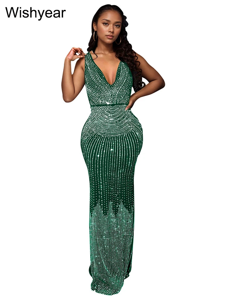 Wishyear Luxury Rhinestone V Neck Sleeveless Green Mermaid Long Dress Elegant Wedding Guest Party Woman Birthday Evening Gowns