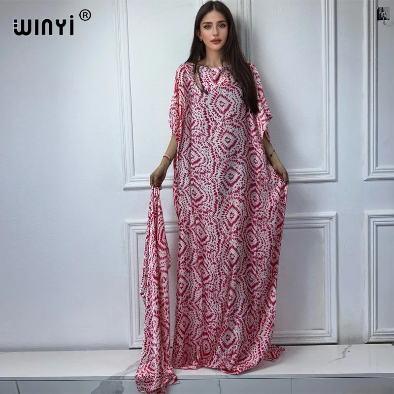 Maxy Muslim African dresses turkey dresses for women luxury Crew Neck Tie-dye print Kaftan Dress, Elegant Length Dress