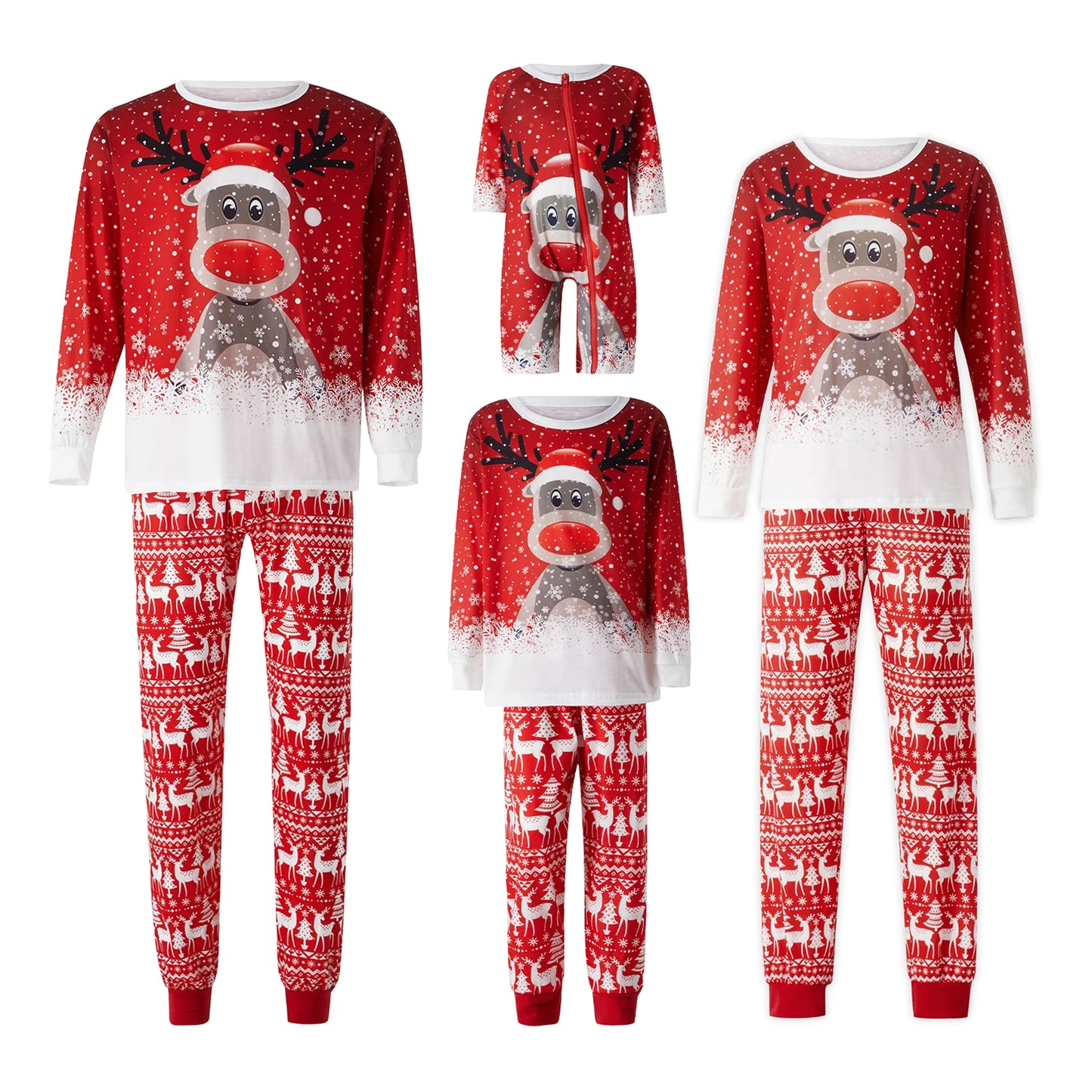 Matching Family Christmas Pajamas, Long Sleeve Deer Snowflake Print Pullover + Pants Set