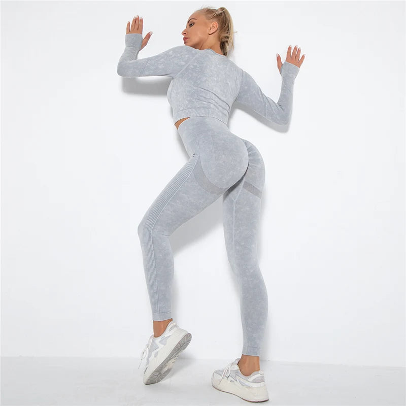 Seamless Sports Suits Women O-neck Crop Tops Long Sleeve Push Up Leggings Sets Gym Wear Summer Two Pieces Sets Tracksuit Feamle