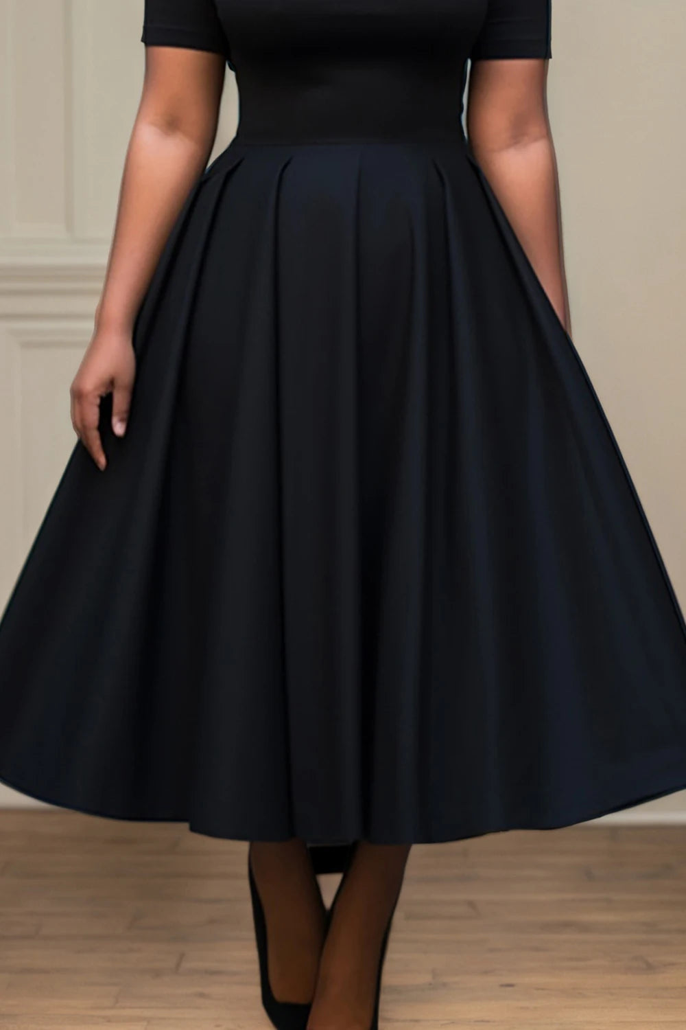Maxy Women Plus Size Black Dress Short Sleeve Summer Casual Pleated A-Line Basic Long Dress Round Neck Fashion Evening Party Dresses