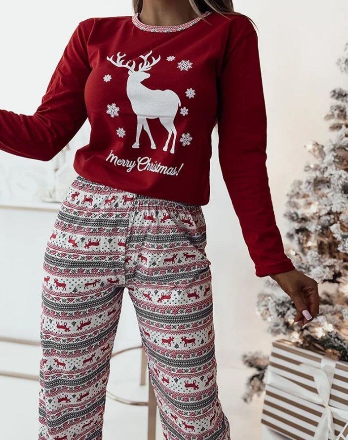 Women's Nightwear Outfits Casual Merry Christmas Reindeer Snowflake Printed Crewneck Pullover Top & High Waist Pants Pajama Set