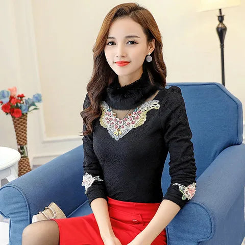 Maxy Winter Women Warm Embroidered Diamond Shirt Female Plus Velvet Thick Lace Bottomed Blouse Rabbit Fur Collar Hollow Tops