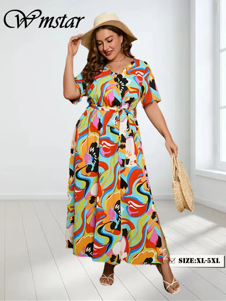 Wmstar Plus Size Dresses for Women Short Sleeve Flower Printed V Neck Loose  Maxi Dress with Bandage Wholesale Dropshipping 2023