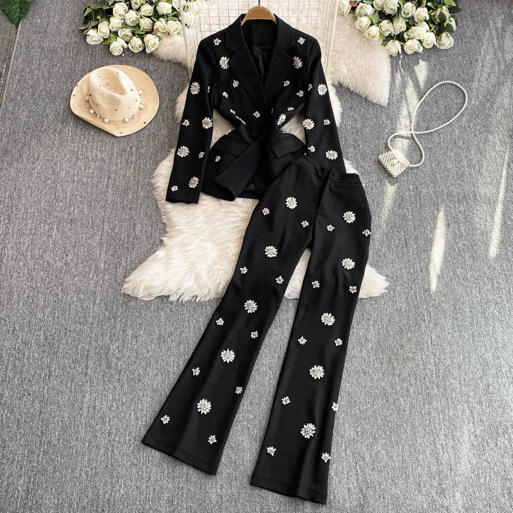 TWOTWINSTYLE Two Piece Set For Women Notched Collar Long Sleeve Spliced Button Coat High Waist Pant Fashion Set Female KSE518171