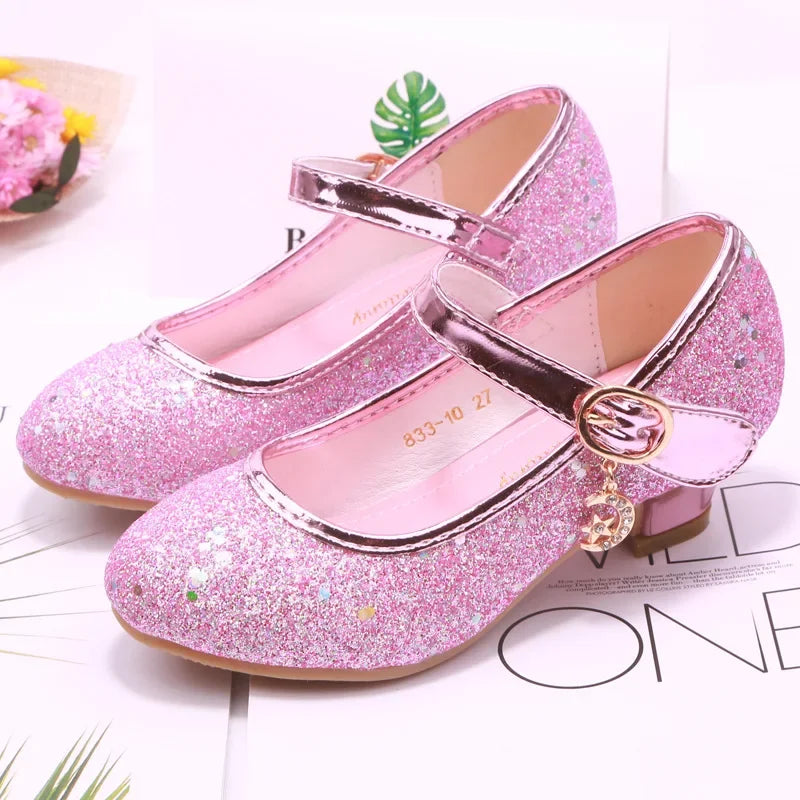 Amay Children Princess Shoes student dance shoes for Girls High Heel Sandals Dress Purple Kids Leather Glitter Crystal Shoes Banquet